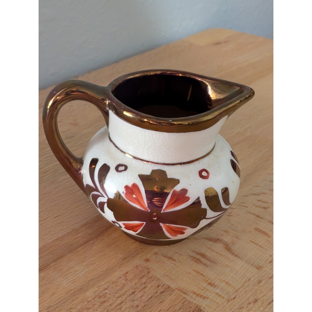 Vintage Old Castle Jug Made in England White & Copper Luster Floral 2 3/8 Inch